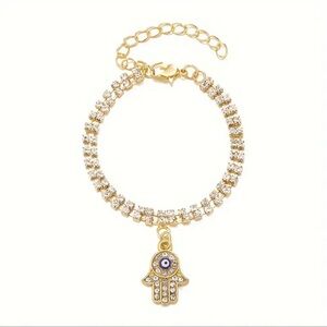 Gold Plated Rhinestone Inlaid Tennis Bracelet With Hamsa Hand Charm